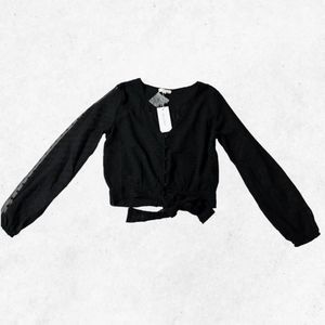 Sim & Sam Women Crop Top Size S‎ Black w/ Texture Long Sleeve Button Up Hem Tie